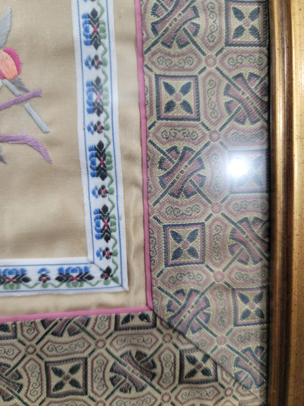 Vintage framed Asian silk embroidery panel Bird Floral Set Of 2